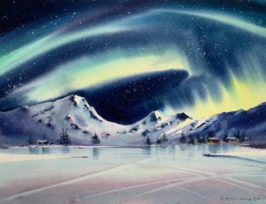 Pittura intitolato "Aurora borealis #10" da Eugenia Gorbacheva, Opera d'arte originale, Acquarello