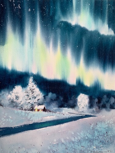 Картина под названием "Aurora borealis #11" - Eugenia Gorbacheva, Подлинное произведение искусства, Акварель