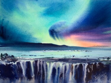 Schilderij getiteld "Aurora borealis #14" door Eugenia Gorbacheva, Origineel Kunstwerk, Aquarel