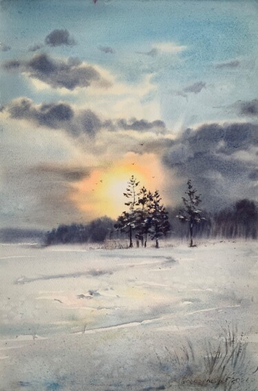 Schilderij getiteld "Frosty morning #2" door Eugenia Gorbacheva, Origineel Kunstwerk, Aquarel