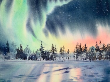 Pintura intitulada "Aurora borealis #16" por Eugenia Gorbacheva, Obras de arte originais, Aquarela