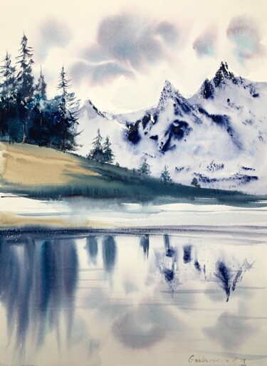 Ζωγραφική με τίτλο "Mountain Lake" από Eugenia Gorbacheva, Αυθεντικά έργα τέχνης, Ακουαρέλα