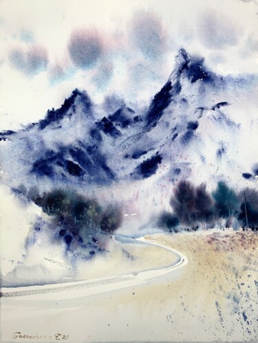 Painting titled "Mountainscape #10" by Eugenia Gorbacheva, Original Artwork, Watercolor