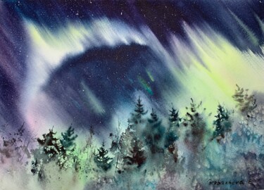 Peinture intitulée "Aurora borealis #17" par Eugenia Gorbacheva, Œuvre d'art originale, Aquarelle