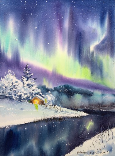 Картина под названием "Aurora borealis #18" - Eugenia Gorbacheva, Подлинное произведение искусства, Акварель