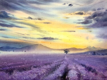 Malarstwo zatytułowany „Lavender field” autorstwa Eugenia Gorbacheva, Oryginalna praca, Akwarela