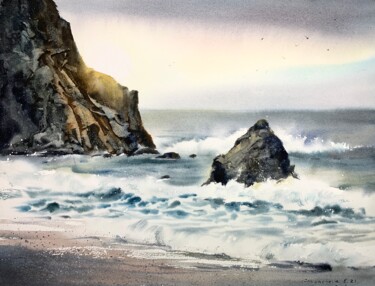 Painting titled "Waves and rocks" by Eugenia Gorbacheva, Original Artwork, Watercolor