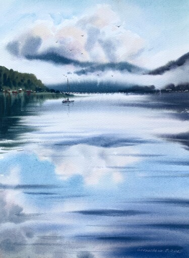 Malerei mit dem Titel "Sailboat and clouds…" von Eugenia Gorbacheva, Original-Kunstwerk, Aquarell