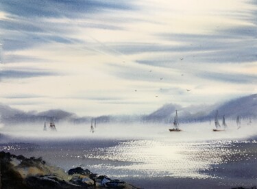 Painting titled "Sailing yachts #2" by Eugenia Gorbacheva, Original Artwork, Watercolor