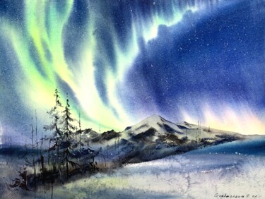 Painting titled "Aurora borealis #19" by Eugenia Gorbacheva, Original Artwork, Watercolor