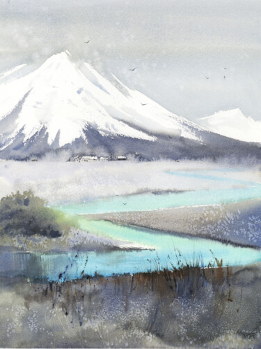 Картина под названием "Turquoise landscape…" - Eugenia Gorbacheva, Подлинное произведение искусства, Акварель