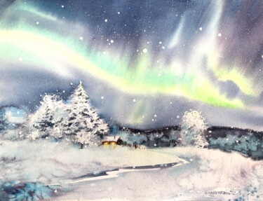 Peinture intitulée "Aurora borealis #20" par Eugenia Gorbacheva, Œuvre d'art originale, Aquarelle