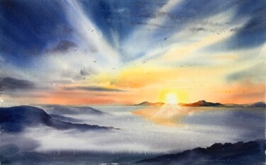 Schilderij getiteld "Sunrise in the moun…" door Eugenia Gorbacheva, Origineel Kunstwerk, Aquarel
