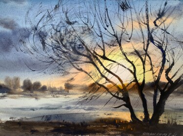 Peinture intitulée "Tree and sunset" par Eugenia Gorbacheva, Œuvre d'art originale, Aquarelle
