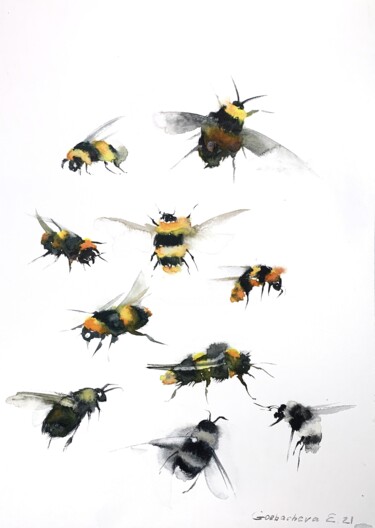 Painting titled "Bumblebees" by Eugenia Gorbacheva, Original Artwork, Watercolor