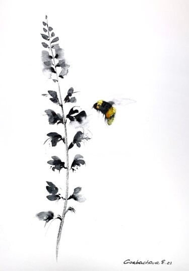 Картина под названием "Flower and bumblebee" - Eugenia Gorbacheva, Подлинное произведение искусства, Акварель