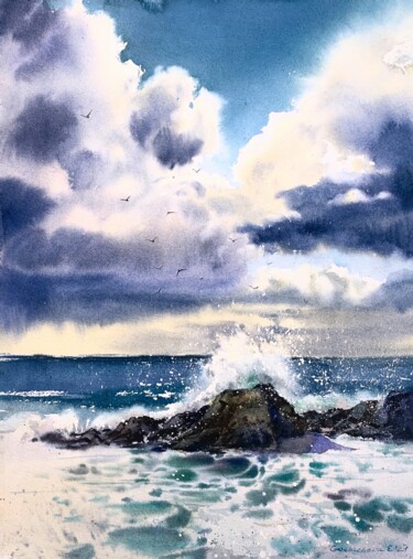 Painting titled "Waves and rocks #2" by Eugenia Gorbacheva, Original Artwork, Watercolor