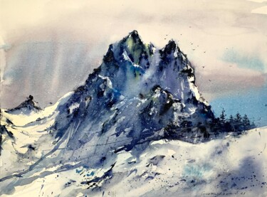 Painting titled "Snowy Mountains #3" by Eugenia Gorbacheva, Original Artwork, Watercolor