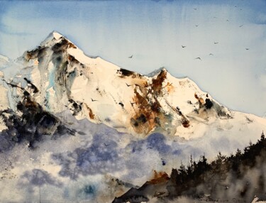 Painting titled "Snowy Mountains #2" by Eugenia Gorbacheva, Original Artwork, Watercolor