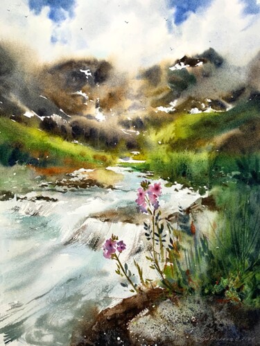 Painting titled "Mountain river #4" by Eugenia Gorbacheva, Original Artwork, Watercolor