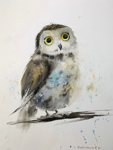 Peinture intitulée "Little owl on a bra…" par Eugenia Gorbacheva, Œuvre d'art originale, Aquarelle