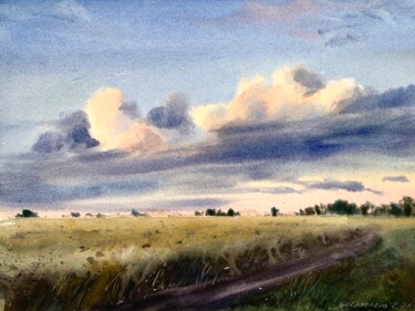 Painting titled "Field and clouds #5" by Eugenia Gorbacheva, Original Artwork, Watercolor