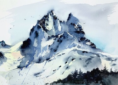 Painting titled "Snowy Mountains #4" by Eugenia Gorbacheva, Original Artwork, Watercolor