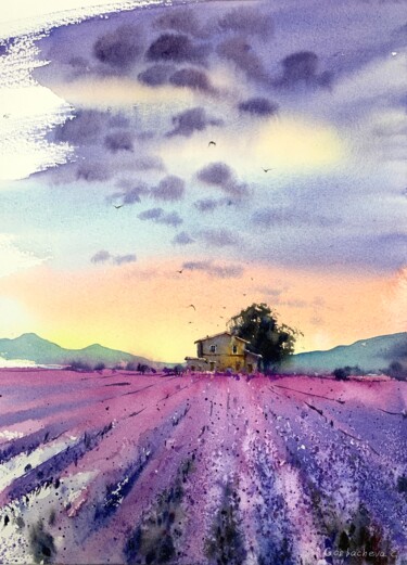 Painting titled "lavender field #3" by Eugenia Gorbacheva, Original Artwork, Watercolor