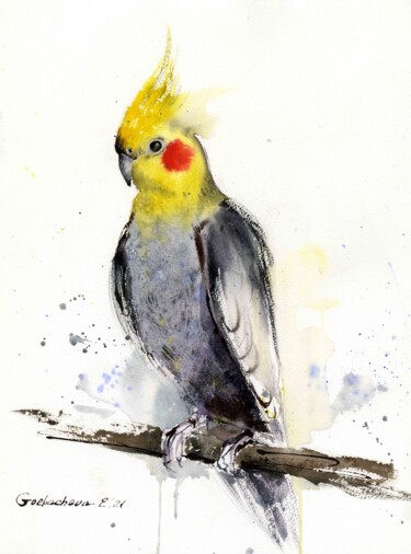 Painting titled "Parrot on a branch" by Eugenia Gorbacheva, Original Artwork, Watercolor