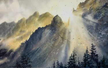 Картина под названием "Sunrise in the moun…" - Eugenia Gorbacheva, Подлинное произведение искусства, Акварель