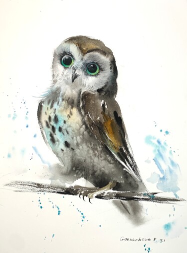 Картина под названием "Little owl on a bra…" - Eugenia Gorbacheva, Подлинное произведение искусства, Акварель