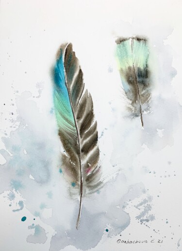 Peinture intitulée "Feathers #4" par Eugenia Gorbacheva, Œuvre d'art originale, Aquarelle