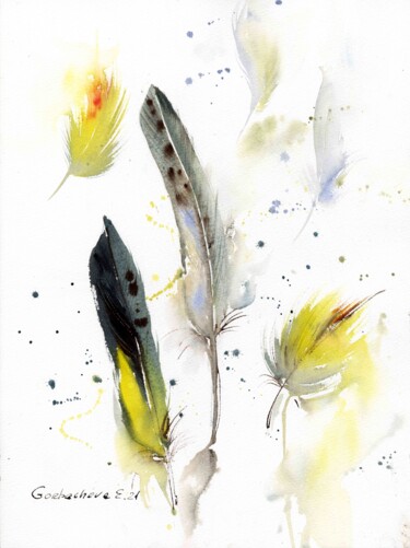 Schilderij getiteld "Feathers" door Eugenia Gorbacheva, Origineel Kunstwerk, Aquarel