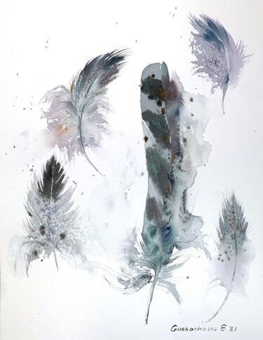 Ζωγραφική με τίτλο "Feathers #3" από Eugenia Gorbacheva, Αυθεντικά έργα τέχνης, Ακουαρέλα