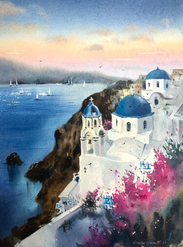 Картина под названием "Santorini, Greece #2" - Eugenia Gorbacheva, Подлинное произведение искусства, Акварель