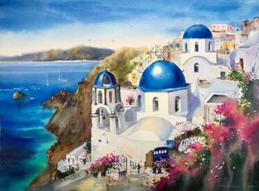 Painting titled "Santorini, Greece #4" by Eugenia Gorbacheva, Original Artwork, Watercolor