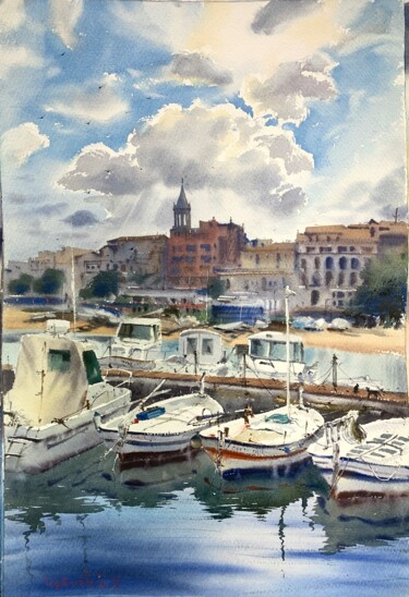 Pittura intitolato "Boats in Palamos, S…" da Eugenia Gorbacheva, Opera d'arte originale, Acquarello