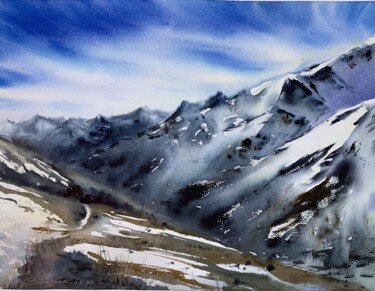 Painting titled "Snowy Mountains #6" by Eugenia Gorbacheva, Original Artwork, Watercolor