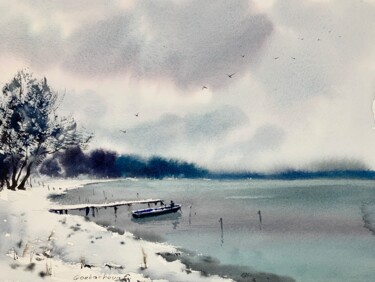 Malerei mit dem Titel "Boat on Lake Narach…" von Eugenia Gorbacheva, Original-Kunstwerk, Aquarell