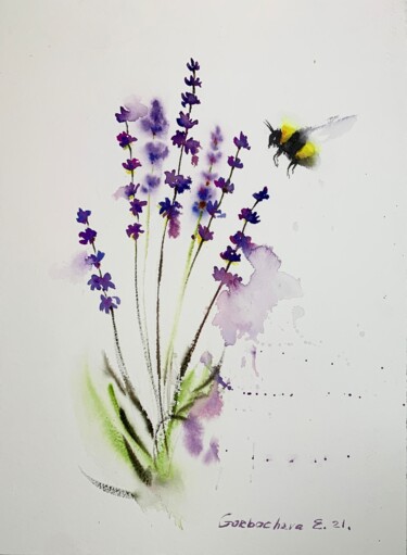 Картина под названием "lavender and bumble…" - Eugenia Gorbacheva, Подлинное произведение искусства, Акварель