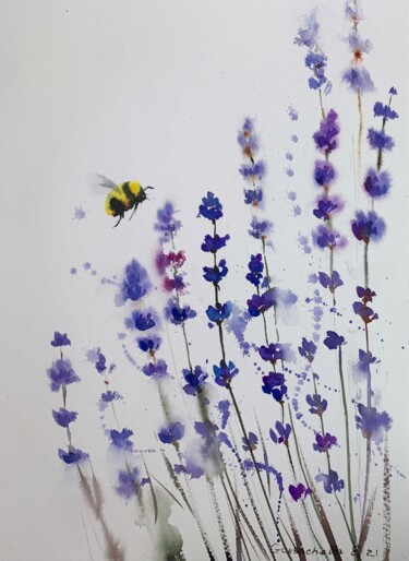Malerei mit dem Titel "lavender and bumble…" von Eugenia Gorbacheva, Original-Kunstwerk, Aquarell