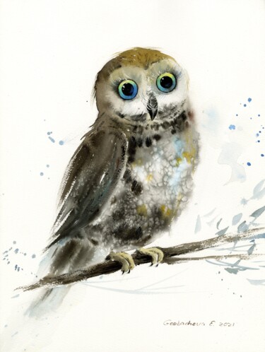 绘画 标题为“Little owl on a bra…” 由Eugenia Gorbacheva, 原创艺术品, 水彩