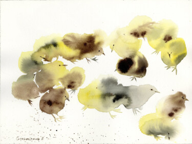 Painting titled "Chickens" by Eugenia Gorbacheva, Original Artwork, Watercolor
