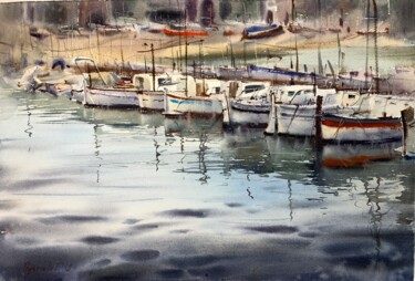 Painting titled "Boats at the pier #2" by Eugenia Gorbacheva, Original Artwork, Watercolor