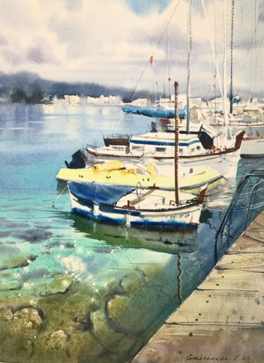 Pintura intitulada "Boats at the pier (…" por Eugenia Gorbacheva, Obras de arte originais, Aquarela