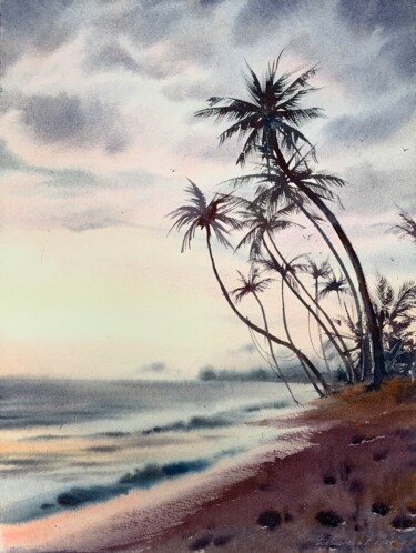 Malerei mit dem Titel "Palm tree on the be…" von Eugenia Gorbacheva, Original-Kunstwerk, Aquarell