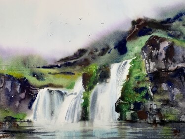 Painting titled "Icelandic Falls" by Eugenia Gorbacheva, Original Artwork, Watercolor