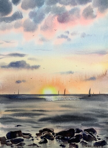 Картина под названием "Yachts before sunse…" - Eugenia Gorbacheva, Подлинное произведение искусства, Акварель