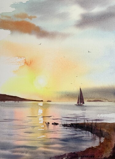 Malarstwo zatytułowany „Sailboat at sunset” autorstwa Eugenia Gorbacheva, Oryginalna praca, Akwarela