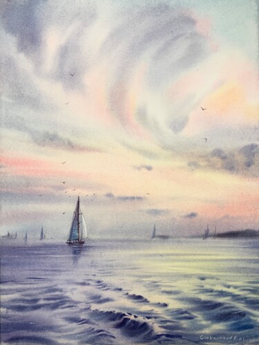 Painting titled "Yachts at sea #2" by Eugenia Gorbacheva, Original Artwork, Watercolor